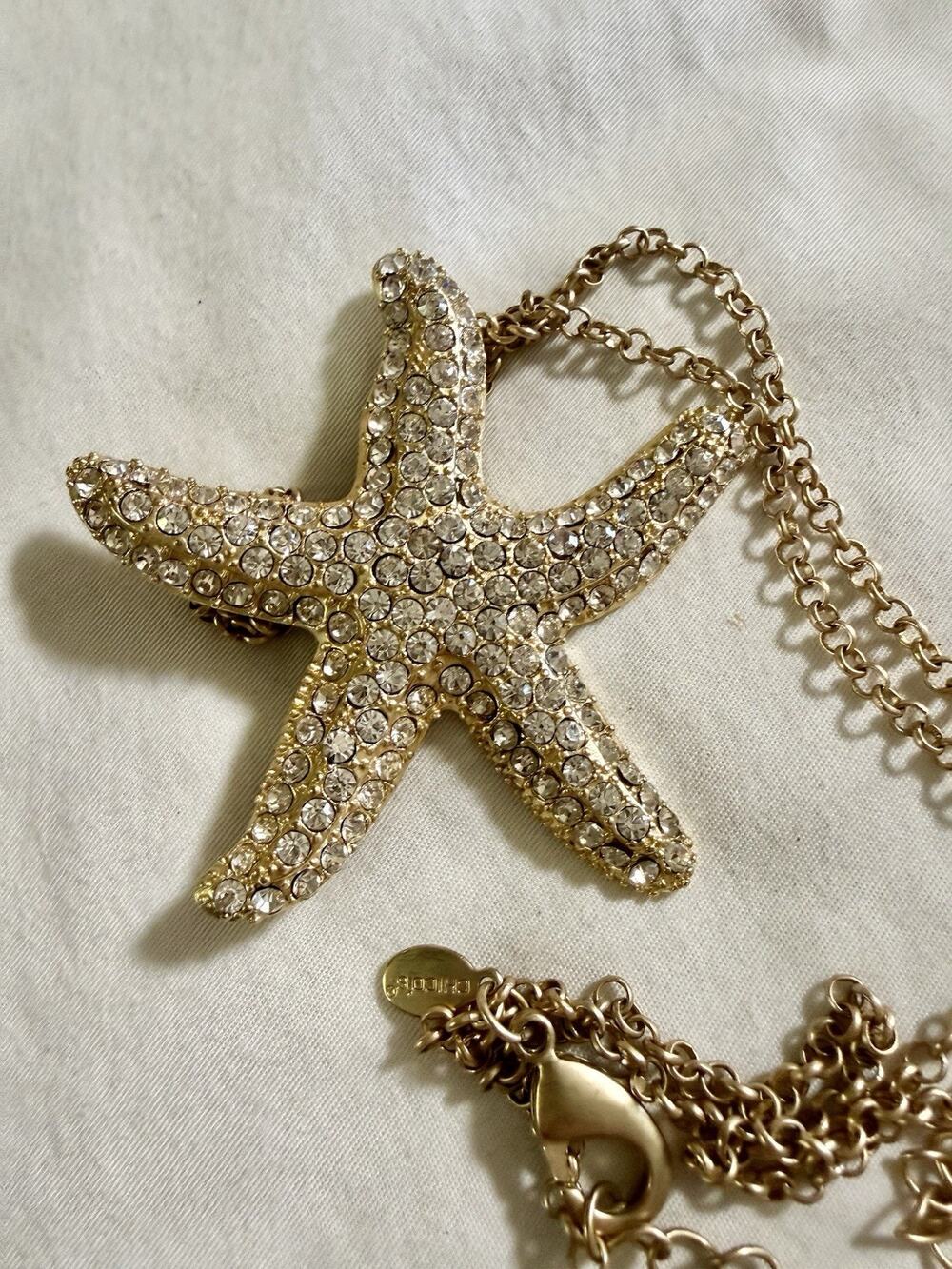 Chico’s Vintage Gold-Tone Pave Starfish Necklace with Rhinestones, 34 inch Beach